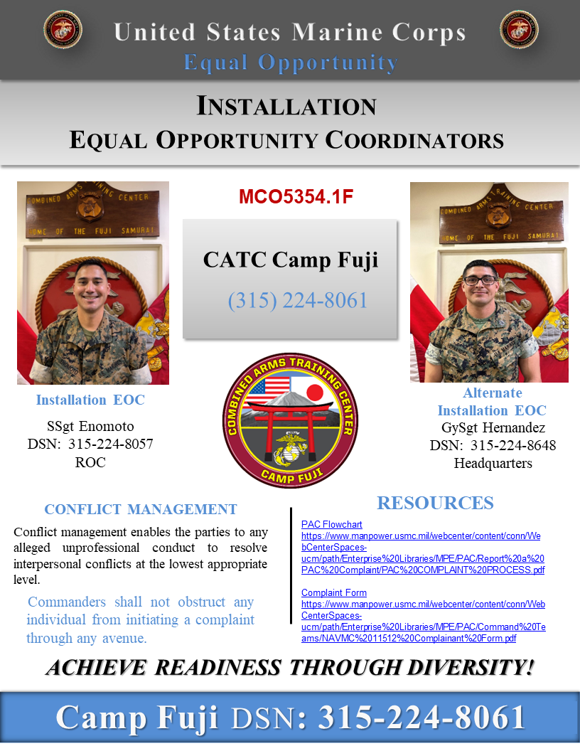 Contact info for CATC Camp Fuji Equal Opportunity Coordinators